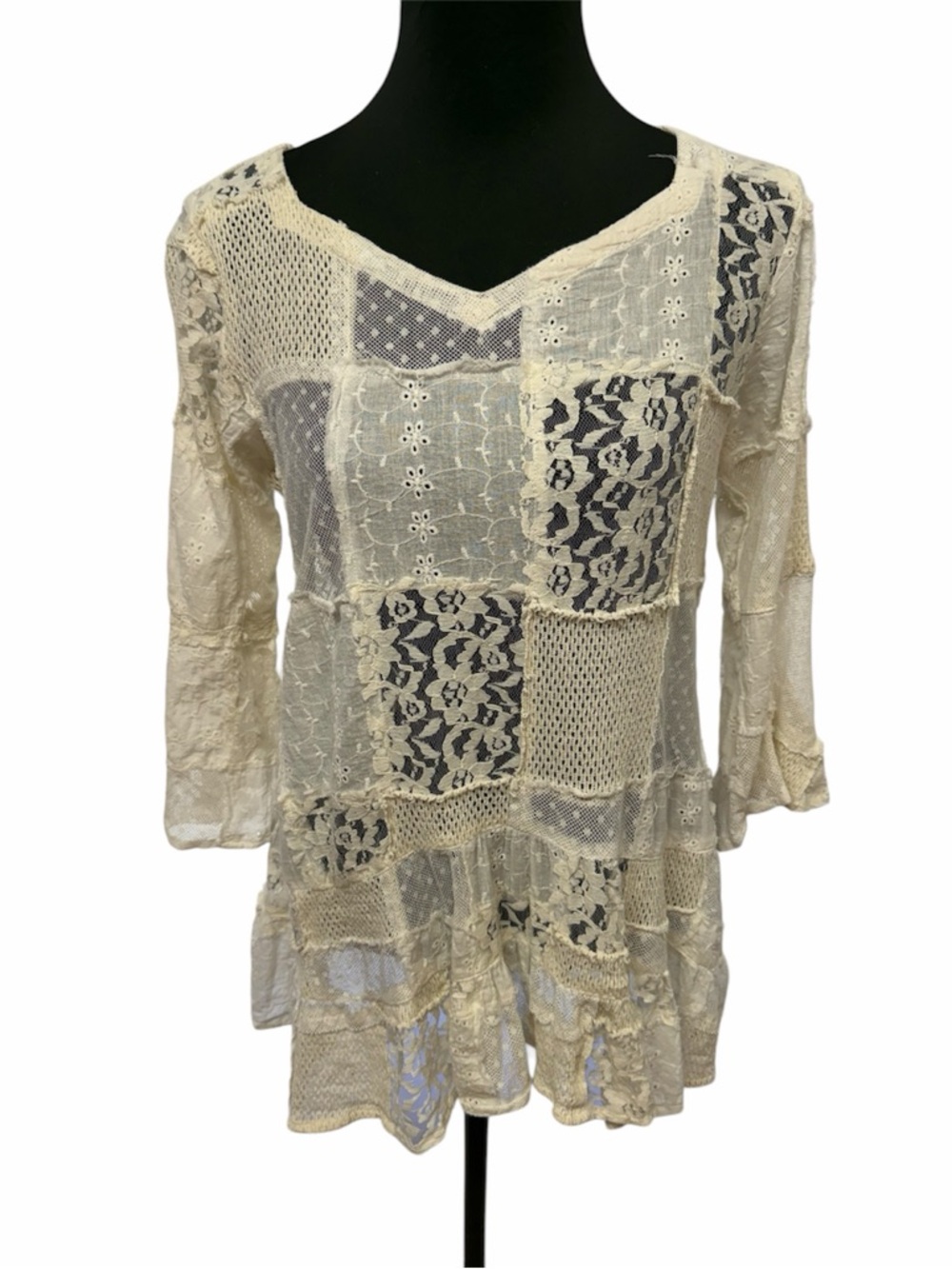 Paper Lace M Cream Patchwork Lace Tunic Boho Sheer Crochet Cottagecore Top